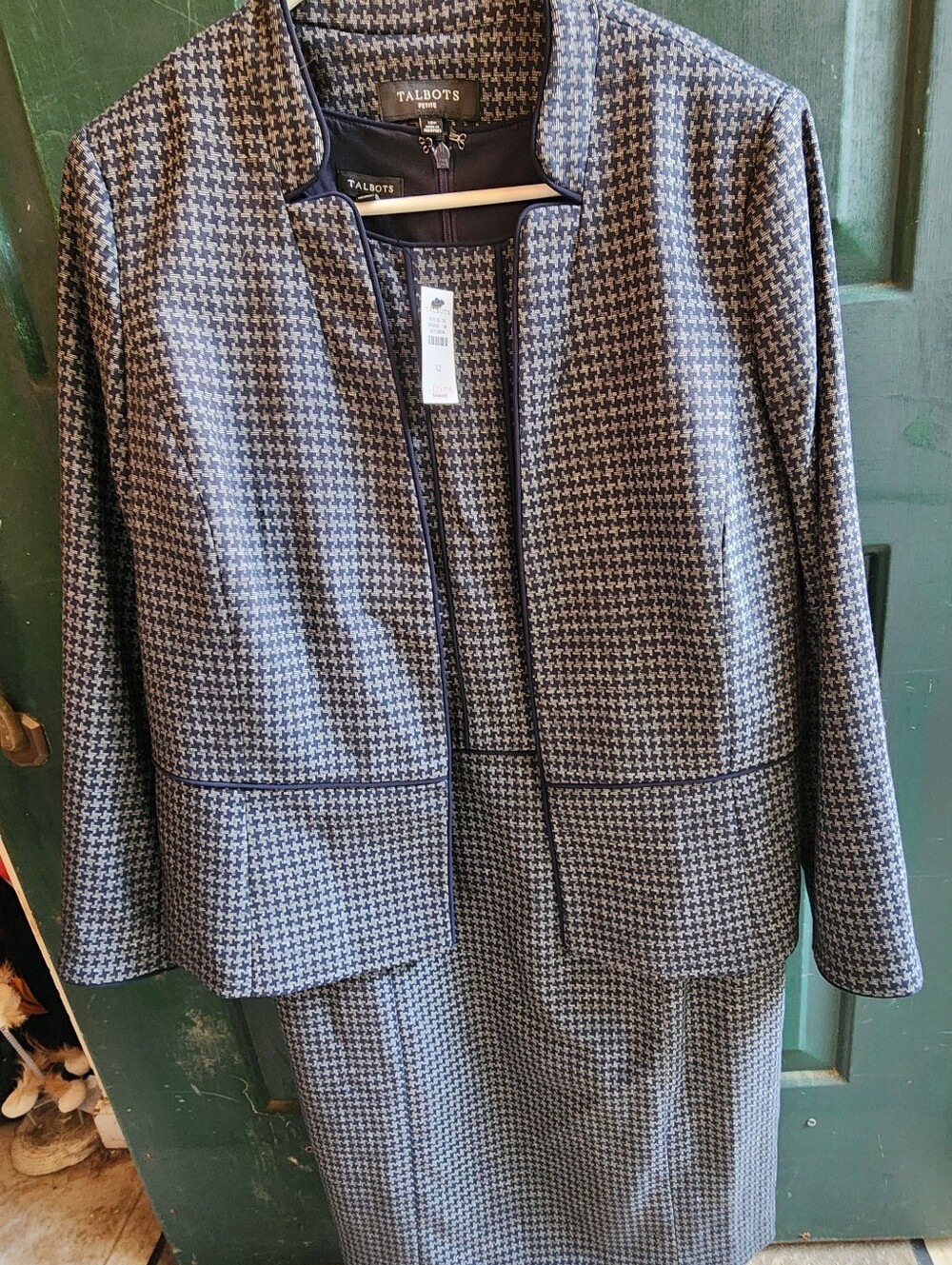 NWT Talbots 2-Pc Houndstooth Dress & Blazer Jacket Set Blue Cream 12P